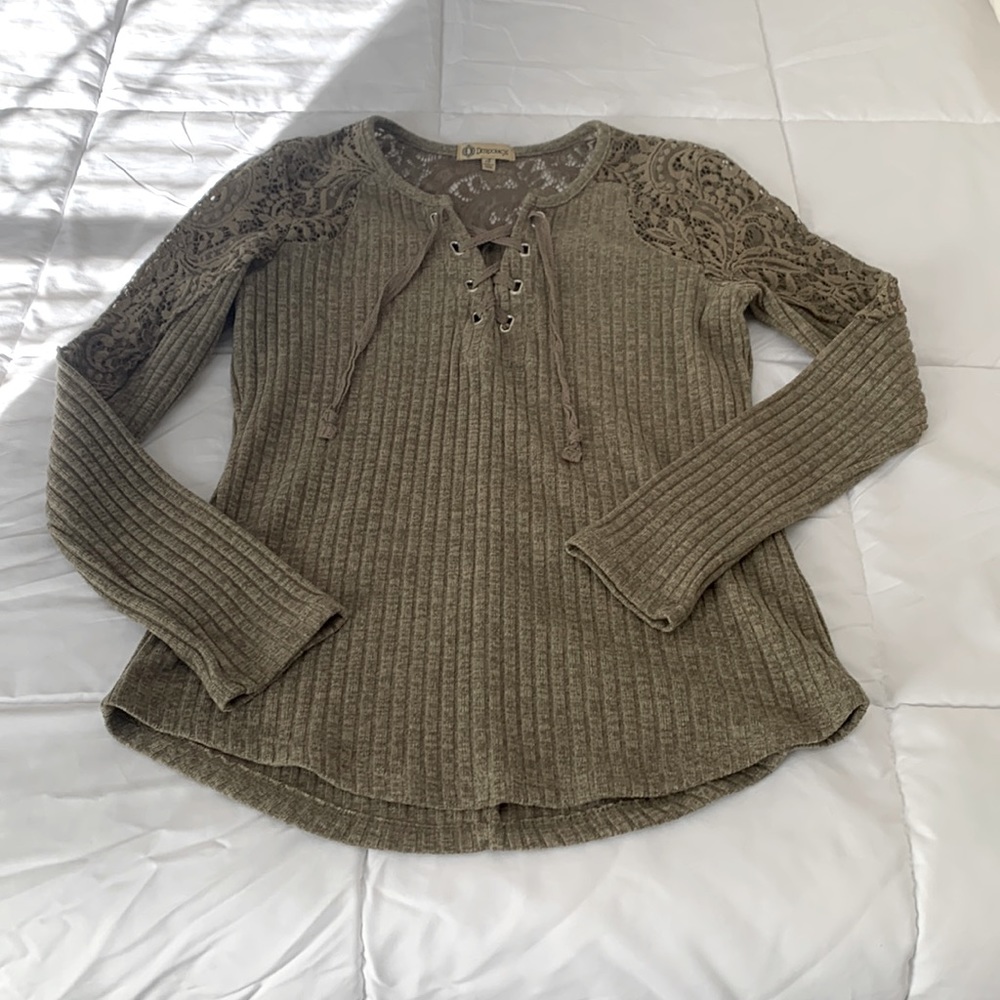 Democracy Lattice Long Sleeve Sweater, Size Small, Green/Brown